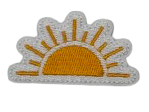 A patch featuring a half yellow sunrise design on a white background.